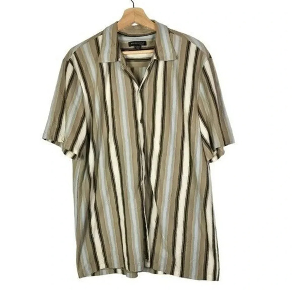 Kenneth Cole Beige & Blue Y2K Vertical Stripe Short Sleeve Button Down L - Picture 1 of 4
